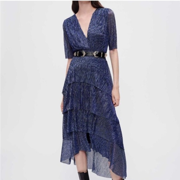 Maje Dresses & Skirts - Maje Metallic Blues/Black & Silver Tiered V-Neck Midi Dress